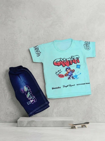 Boys multicolor printed cotton jersey shirt and shorts set, soft breathable summer outfit for babies and toddlers casual wear