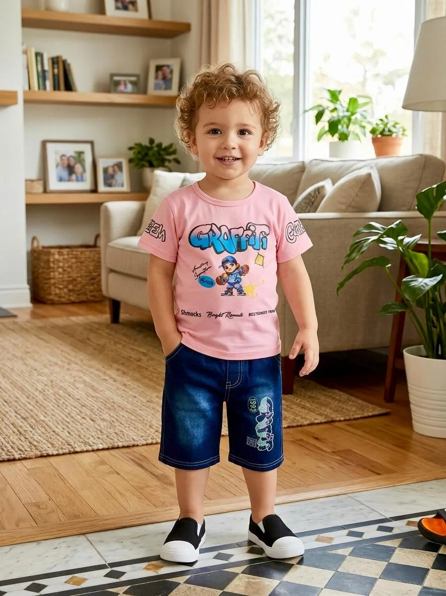 Boys pink printed cotton jersey shirt and shorts set, soft breathable summer outfit for babies and toddlers casual wear