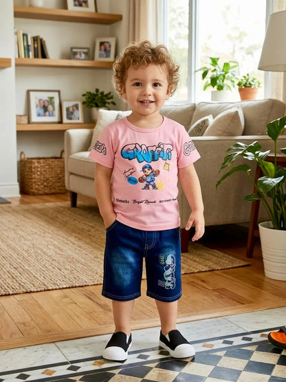 Boys pink printed cotton jersey shirt and shorts set, soft breathable summer outfit for babies and toddlers casual wear