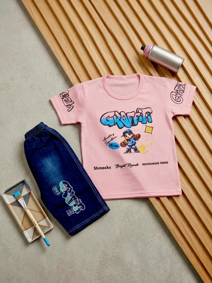 Boys pink printed cotton jersey shirt and shorts set, soft breathable summer outfit for babies and toddlers casual wear