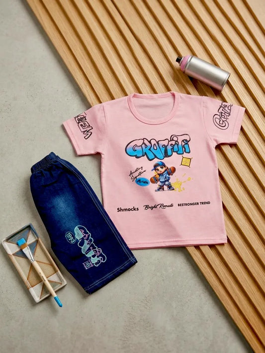 Boys pink printed cotton jersey shirt and shorts set, soft breathable summer outfit for babies and toddlers casual wear
