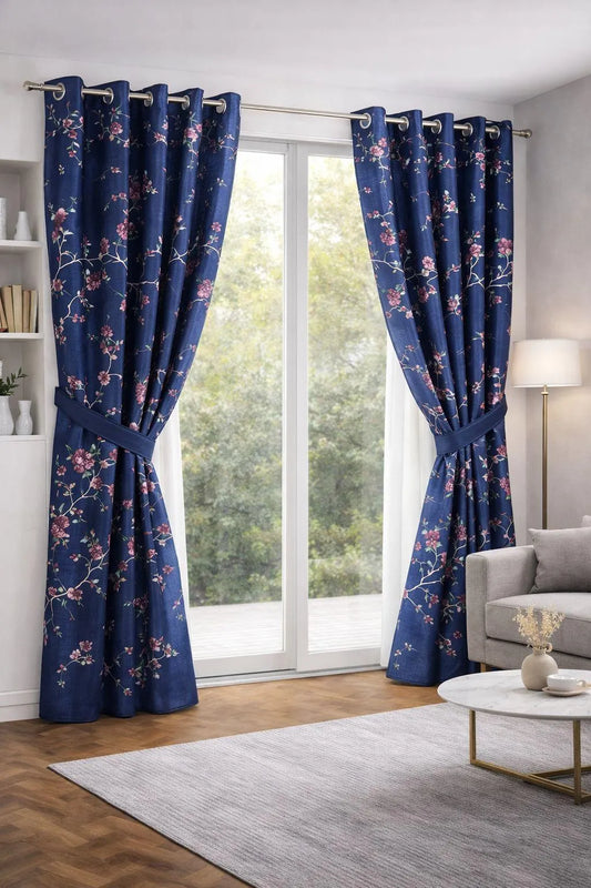 Blue cotton printed curtains 2 pcs set 60x102 inch panels with lining, soft breathable curtains for bedroom living room home decor