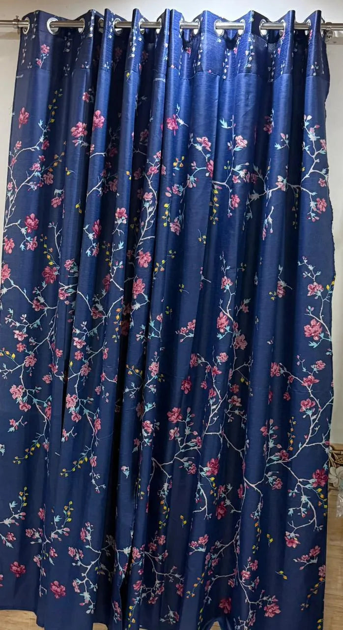 Blue cotton printed curtains 2 pcs set 60x102 inch panels with lining, soft breathable curtains for bedroom living room home decor