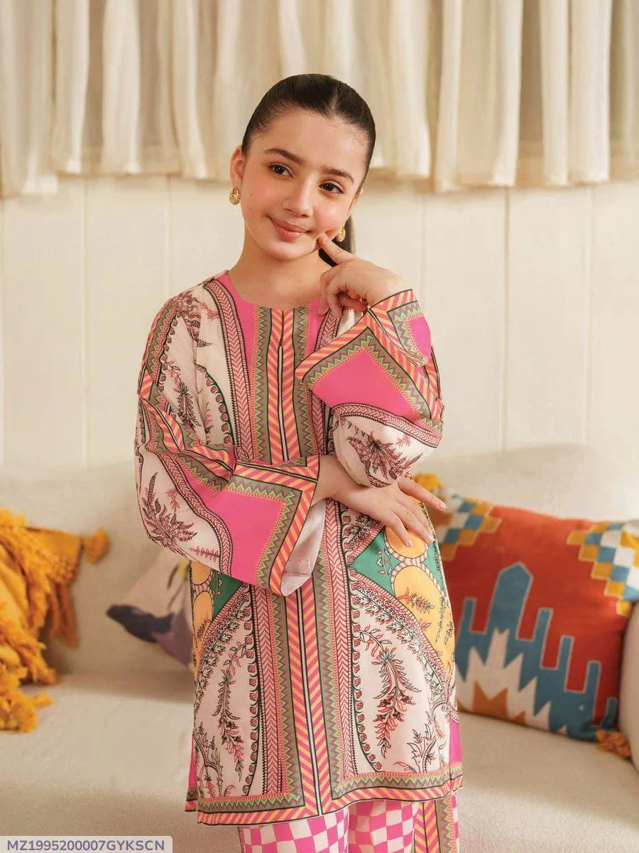 Girls pink arabic lawn digital print 2pc kurta shalwar set with zigzag design for summer casual wear and outings