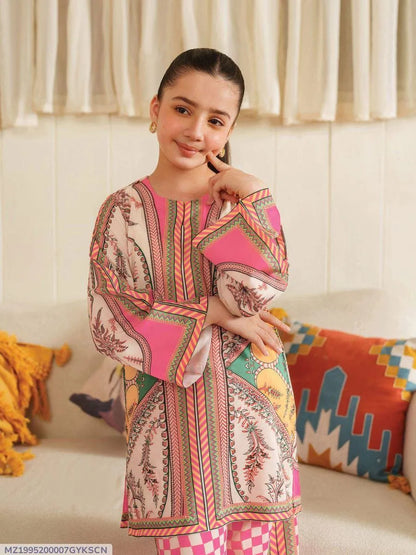 Girls pink arabic lawn digital print 2pc kurta shalwar set with zigzag design for summer casual wear and outings