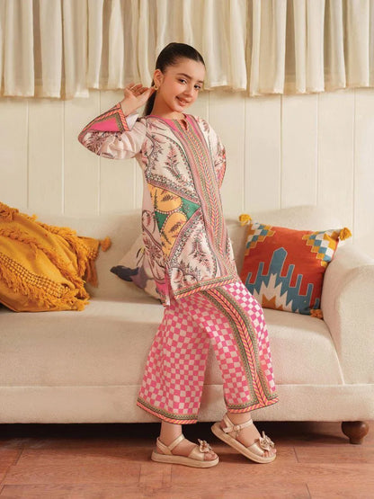 Girls pink arabic lawn digital print 2pc kurta shalwar set with zigzag design for summer casual wear and outings