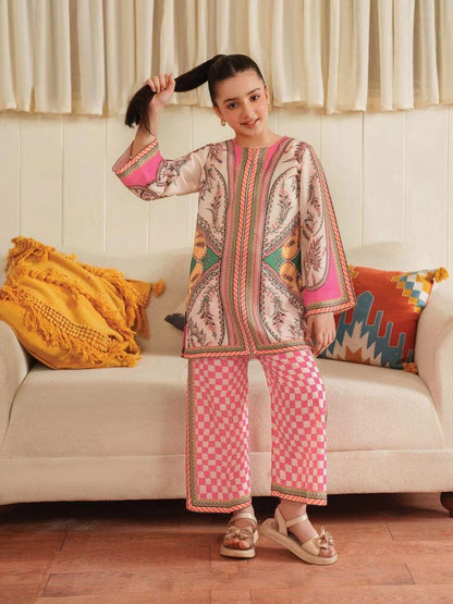 Girls pink arabic lawn digital print 2pc kurta shalwar set with zigzag design for summer casual wear and outings