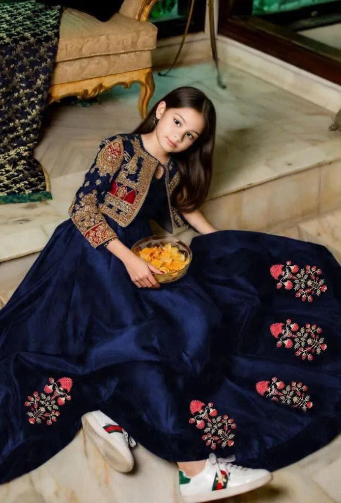 Girls blue embroidered Shamoz silk maxi with koti set, elegant 2 piece outfit for weddings, parties and festive wear
