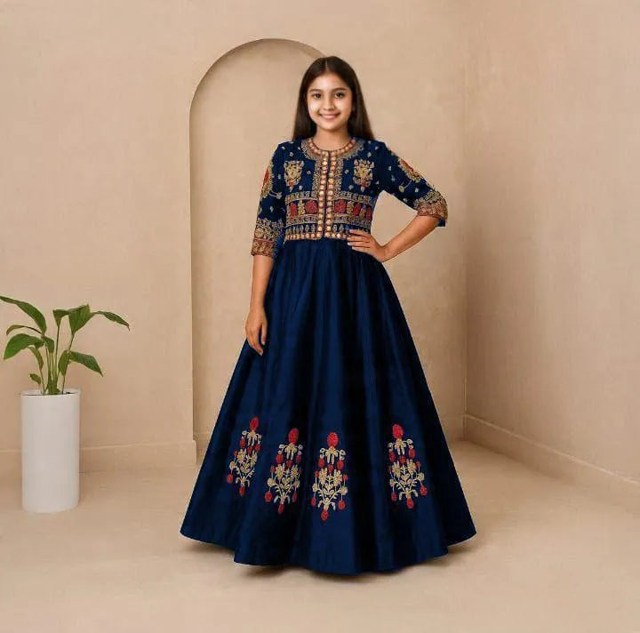 Girls blue embroidered Shamoz silk maxi with koti set, elegant 2 piece outfit for weddings, parties and festive wear