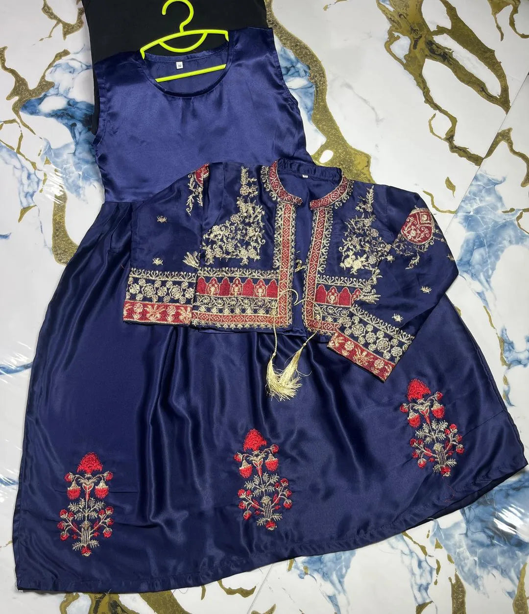 Girls blue embroidered Shamoz silk maxi with koti set, elegant 2 piece outfit for weddings, parties and festive wear