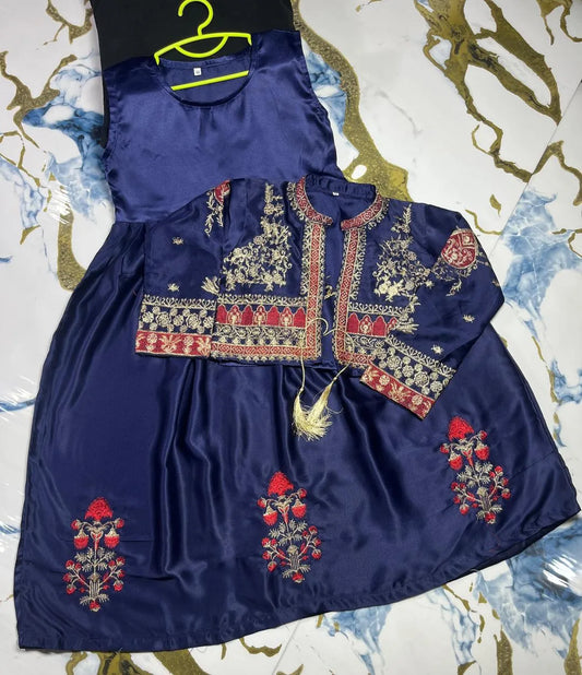 Girls blue embroidered Shamoz silk maxi with koti set, elegant 2 piece outfit for weddings, parties and festive wear