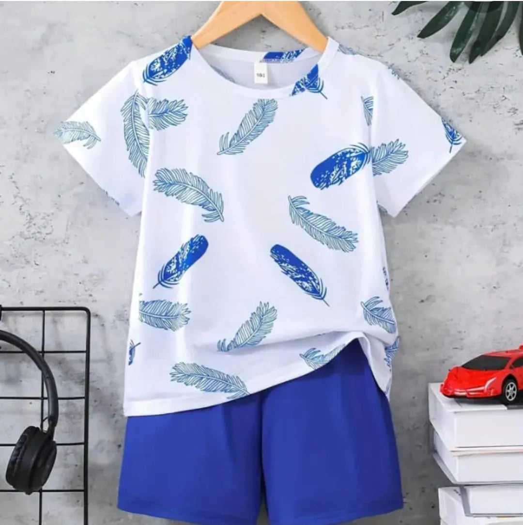 Girls blue printed jersey night suit set, soft breathable sleepwear for kids summer nightwear comfortable home wear