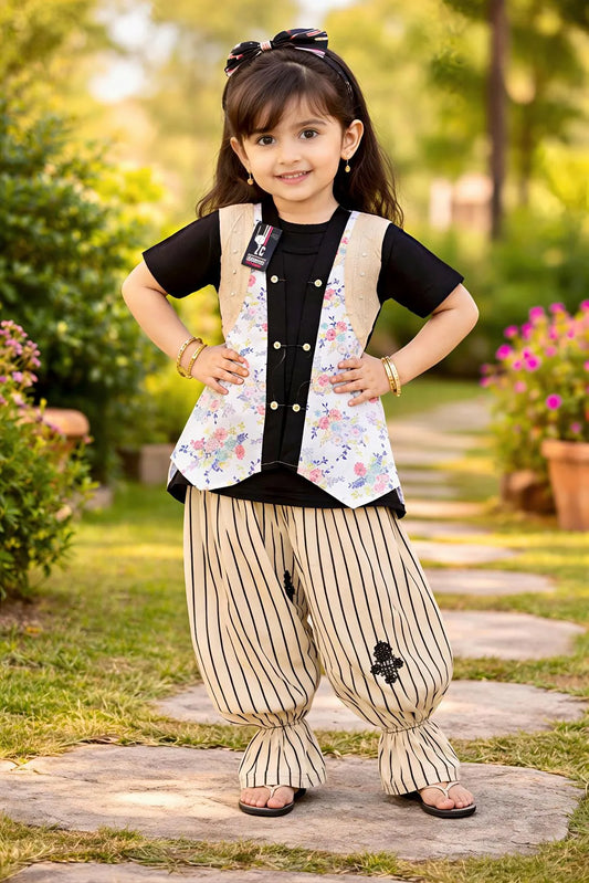 Girls Beige Printed Cotton Lawn Shirt Trouser Set