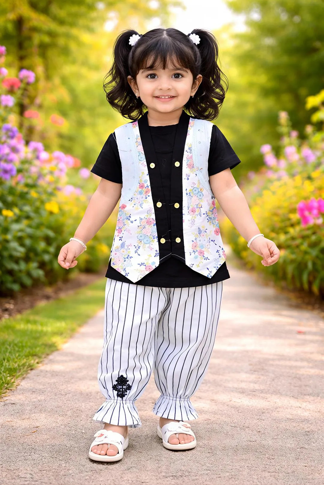 Girls white printed cotton lawn shirt and trouser set, soft breathable summer outfit for babies and toddlers daily wear