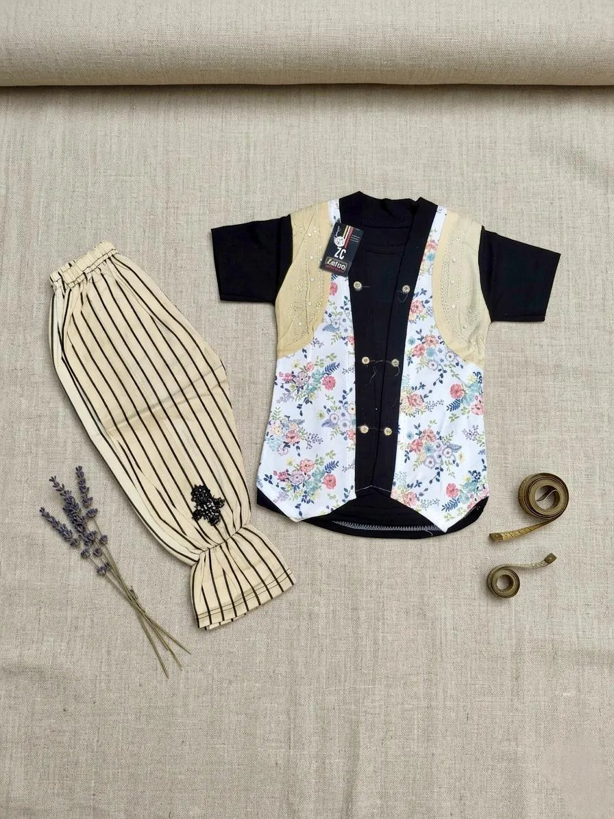 Girls Beige Printed Cotton Lawn Shirt Trouser Set