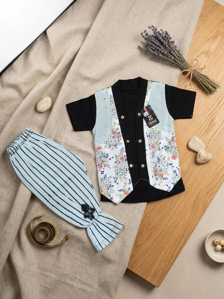 Girls white printed cotton lawn shirt and trouser set, soft breathable summer outfit for babies and toddlers daily wear