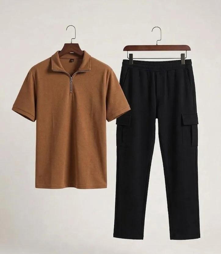 Men brown dri fit 2pc tracksuit with ban collar shirt and trousers for casual wear travel and summer daily use