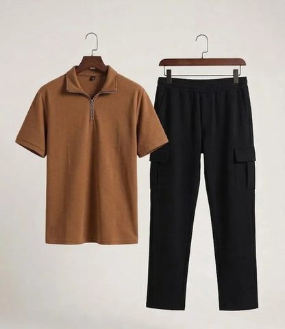 Men brown dri fit 2pc tracksuit with ban collar shirt and trousers for casual wear travel and summer daily use