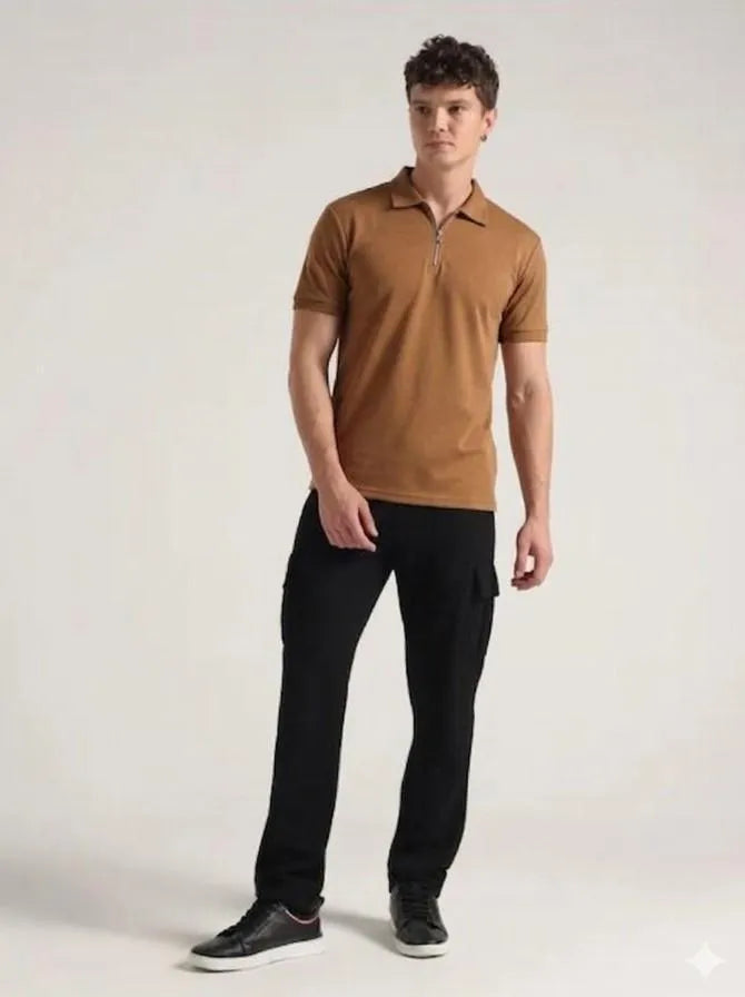 Men brown dri fit 2pc tracksuit with ban collar shirt and trousers for casual wear travel and summer daily use