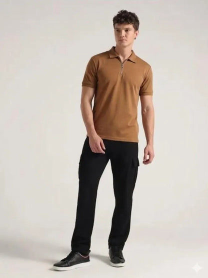 Men brown dri fit 2pc tracksuit with ban collar shirt and trousers for casual wear travel and summer daily use