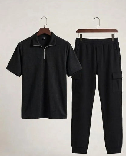 Men black dri fit 2pc tracksuit with ban collar shirt and trousers for casual wear travel and daily summer use in Pakistan