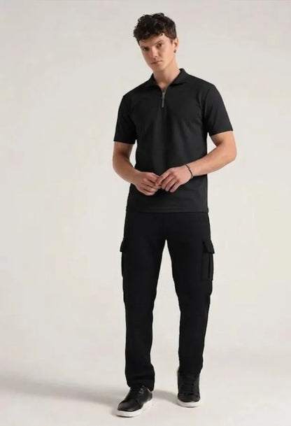 Men black dri fit 2pc tracksuit with ban collar shirt and trousers for casual wear travel and daily summer use in Pakistan