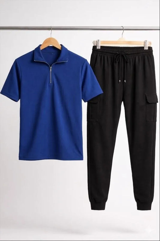 Men blue dri fit 2pc tracksuit with ban collar shirt and trousers for casual wear travel and daily summer use in Pakistan