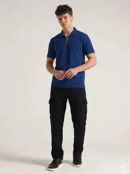 Men blue dri fit 2pc tracksuit with ban collar shirt and trousers for casual wear travel and daily summer use in Pakistan