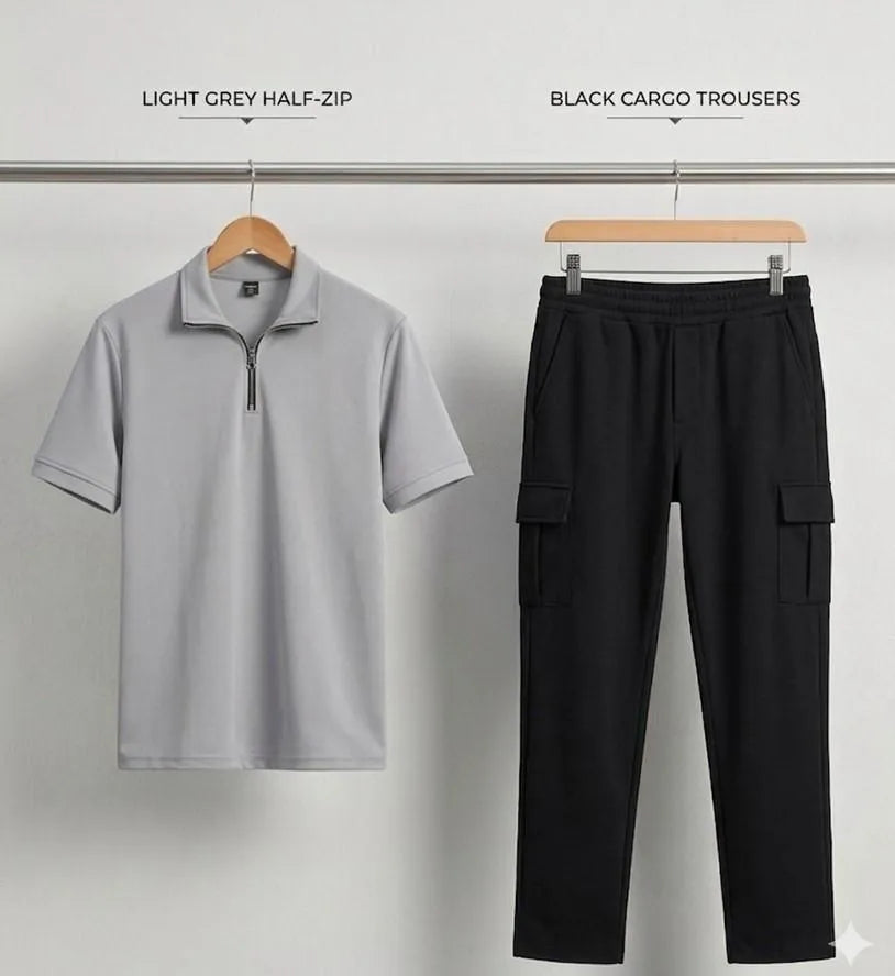 Men grey dri fit 2pc tracksuit with ban collar shirt and trousers for casual wear travel and summer daily use