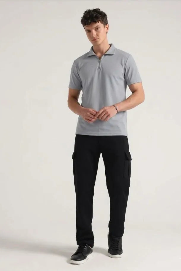 Men grey dri fit 2pc tracksuit with ban collar shirt and trousers for casual wear travel and summer daily use