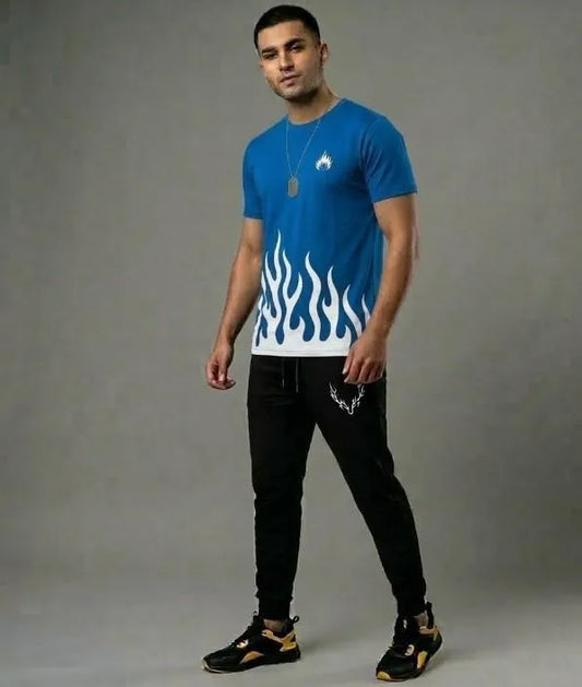 Men blue dri fit printed 2pc tracksuit with round neck shirt and trousers for gym sports and casual daily wear