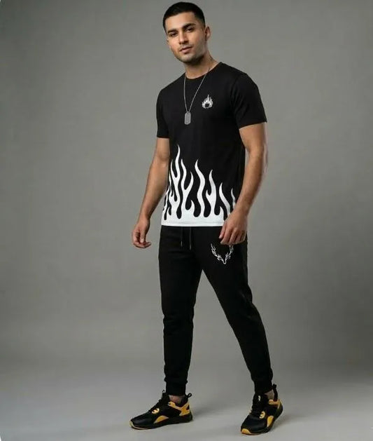 Men black dri fit printed 2pc tracksuit with round neck shirt and trousers for gym sports and casual daily wear