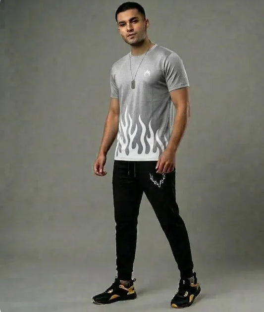 Men grey dri fit printed 2pc tracksuit with round neck shirt and trousers for gym sports and casual daily wear
