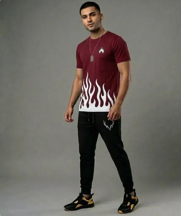 Men maroon dri fit printed 2pc tracksuit with round neck shirt and trousers for gym sports and casual daily wear