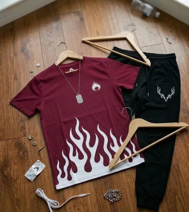 Men maroon dri fit printed 2pc tracksuit with round neck shirt and trousers for gym sports and casual daily wear