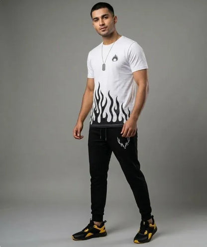 Men white dri fit printed 2pc tracksuit with round neck shirt and trousers for gym sports and casual daily wear