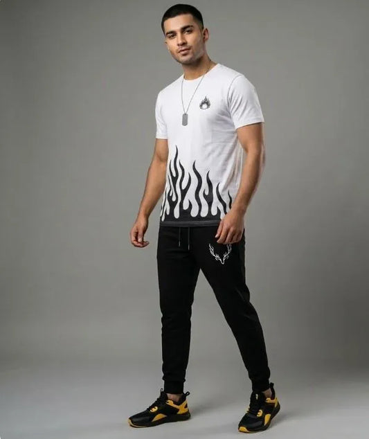 Men white dri fit printed 2pc tracksuit with round neck shirt and trousers for gym sports and casual daily wear