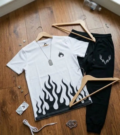 Men white dri fit printed 2pc tracksuit with round neck shirt and trousers for gym sports and casual daily wear