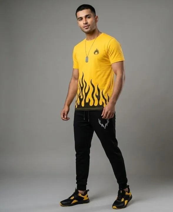 Men yellow dri fit printed 2pc tracksuit with round neck shirt and trousers for gym sports and casual daily wear