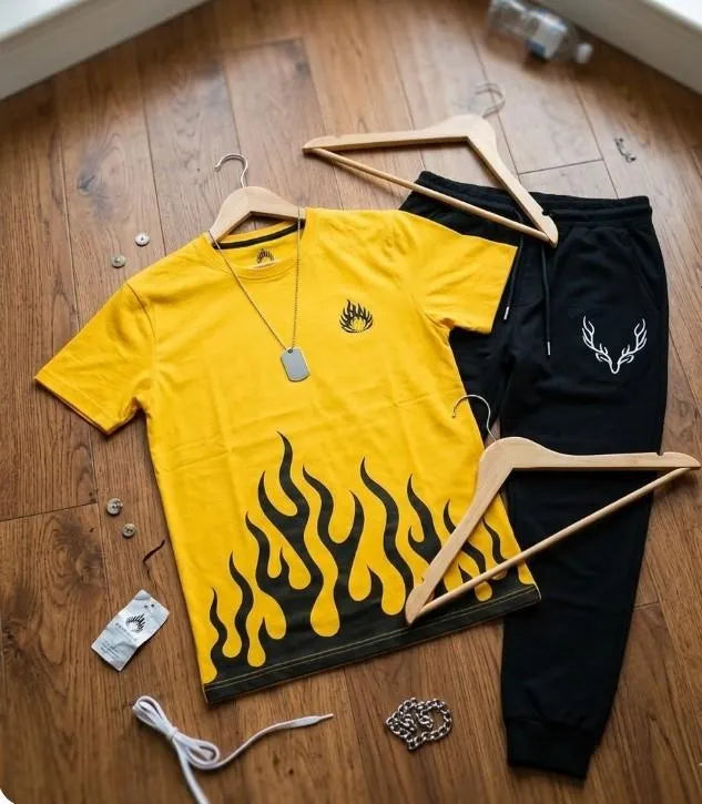 Men yellow dri fit printed 2pc tracksuit with round neck shirt and trousers for gym sports and casual daily wear