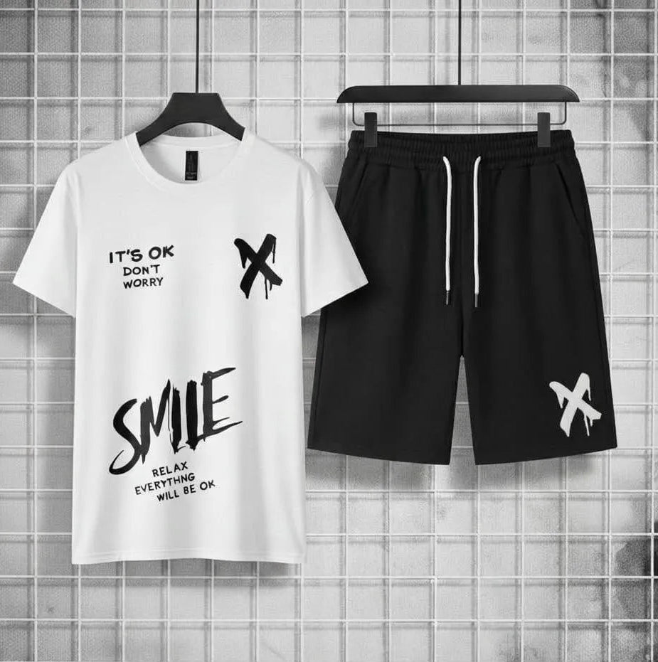 Men white polyester printed 2pc t shirt and shorts tracksuit for summer casual wear workout and daily comfort in Pakistan