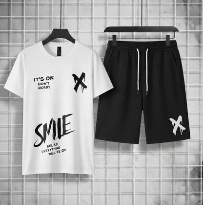 Men white polyester printed 2pc t shirt and shorts tracksuit for summer casual wear workout and daily comfort in Pakistan