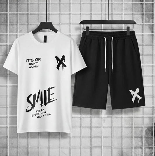 Men white polyester printed 2pc t shirt and shorts tracksuit for summer casual wear workout and daily comfort in Pakistan