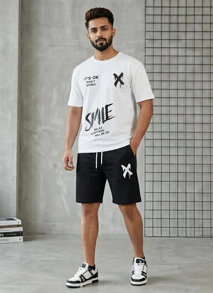 Men white polyester printed 2pc t shirt and shorts tracksuit for summer casual wear workout and daily comfort in Pakistan