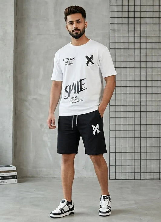 Men white polyester printed 2pc t shirt and shorts tracksuit for summer casual wear workout and daily comfort in Pakistan