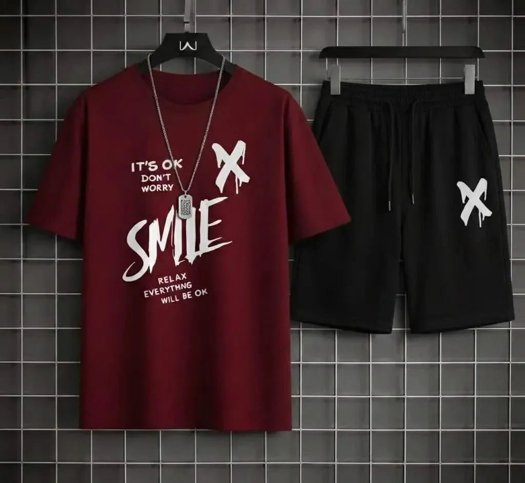 Men maroon polyester printed 2pc t shirt and shorts tracksuit for summer casual wear gym and daily use in Pakistan