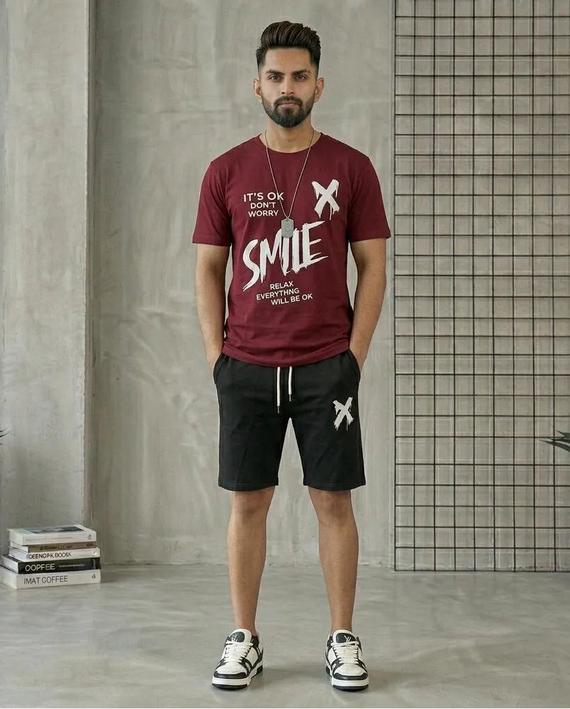 Men maroon polyester printed 2pc t shirt and shorts tracksuit for summer casual wear gym and daily use in Pakistan