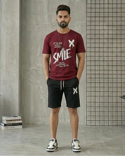 Men maroon polyester printed 2pc t shirt and shorts tracksuit for summer casual wear gym and daily use in Pakistan