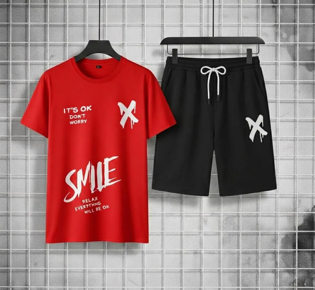 Men red polyester printed 2pc t shirt and shorts tracksuit for summer casual wear gym and daily use in Pakistan
