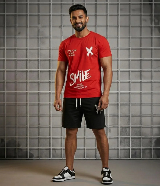 Men red polyester printed 2pc t shirt and shorts tracksuit for summer casual wear gym and daily use in Pakistan